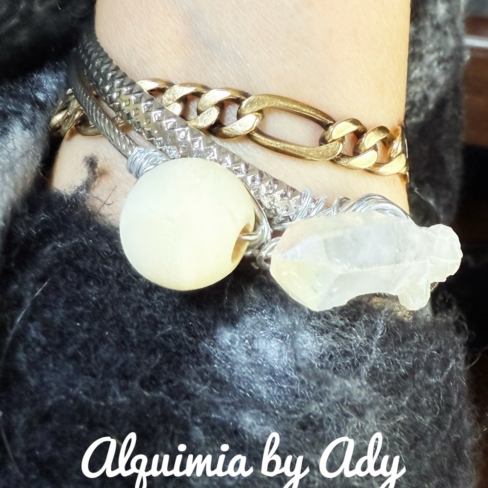 BRUTALIST Phantom Quartz and Bali silver bangle set statement bracelet